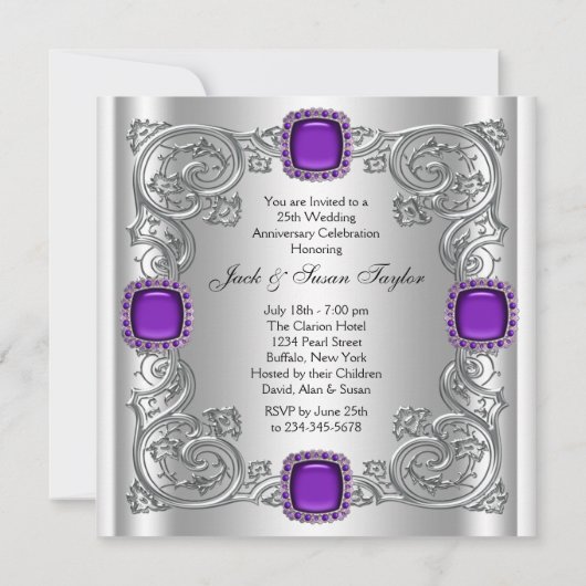 Zilver Paarse 25th Wedding Jubileum Party Kaart (Achterkant)