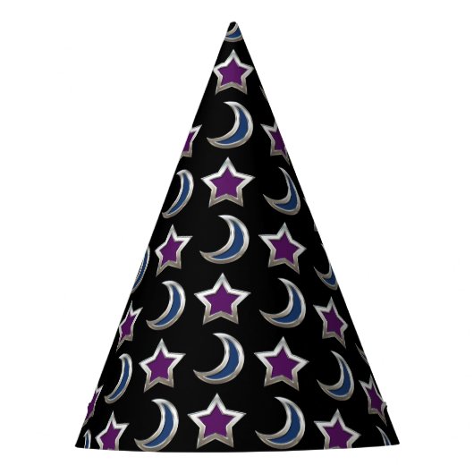 Zilver Paarse Blauwe sterren en Moons Pattern Blac Feesthoedjes (Voorkant)