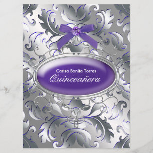 Zilver Paarse Damast Elegante Paarse Quinceanera Kaart
