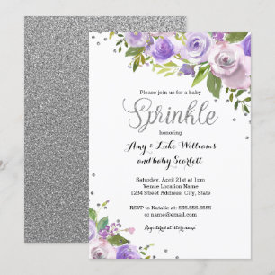 Zilver Paarse Glitter Bloemige Strooi Baby Shower Kaart