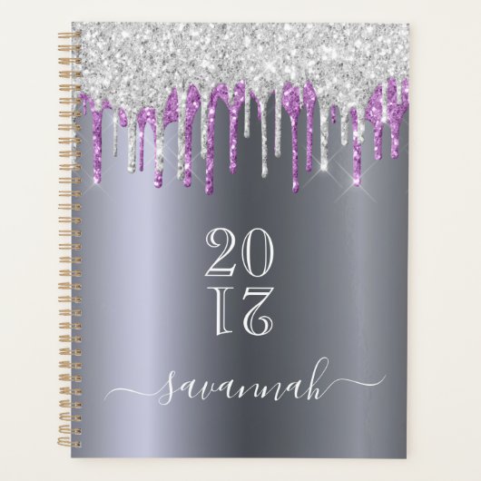 Zilver paarse glitter druppelt naam planner (Voorkant)