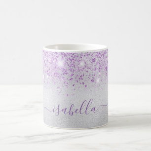 Zilver paarse glitter-naamscript glamoureus koffiemok