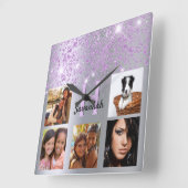 Zilver paarse glitter op basis van aangepaste foto vierkante klok (Hoek)