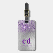 Zilver paarse glittermonogram initialen bagagelabel (Voorkant verticaal)