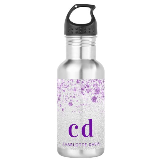 Zilver paarse glittermonogram initialen waterfles  (Voorkant)