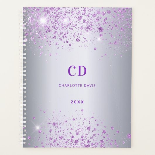 Zilver paarse glitters monogram naam planner (Voorkant)