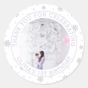 Zilver & Paarse Sneeuwvlok 1e Verjaardagsfeestje F Ronde Sticker