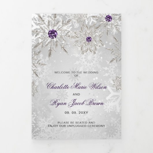 Zilver Paarse Snowflake Winter Wedding Drieluik Programma (Cover)