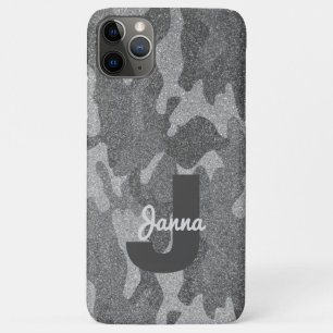 Zilver & Pewter Camouflage Glitter Monogrammed iPhone 11 Pro Max Hoesje