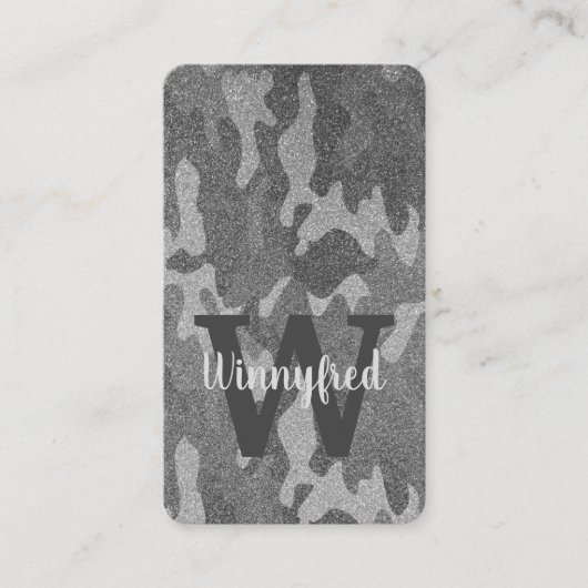 Zilver & Pewter Camouflage Glitter Monogrammed Visitekaartje (Voorkant)