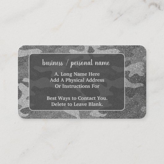 Zilver & Pewter Camouflage Glitter Monogrammed Visitekaartje (Achterkant)