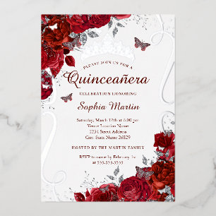 Zilver Rode Bloemige Vlinder Elegante Quinceanera Folie Uitnodiging