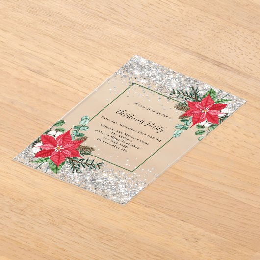 Zilver rood bloemendecor matglazen Kerstfeest Acryl Uitnodigingen (Laagn)