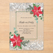 Zilver rood bloemendecor matglazen Kerstfeest Acryl Uitnodigingen (Voorkant)