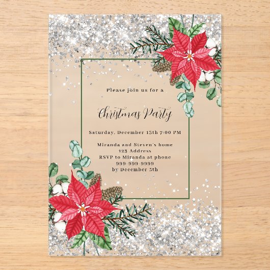 Zilver rood bloemendecor matglazen Kerstfeest Acryl Uitnodigingen (Voorkant)