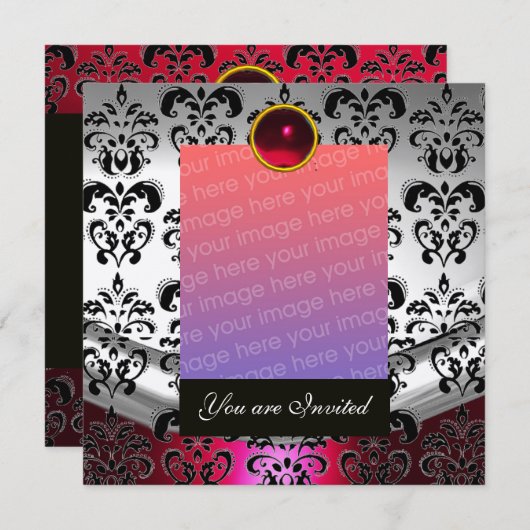 ZILVER ROOD, ZWARTE DAMAST FOTO SJABLOON MONOGRAM KAART (Voorkant / Achterkant)