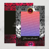 ZILVER ROOD, ZWARTE DAMAST FOTO SJABLOON MONOGRAM KAART (Voorkant / Achterkant)