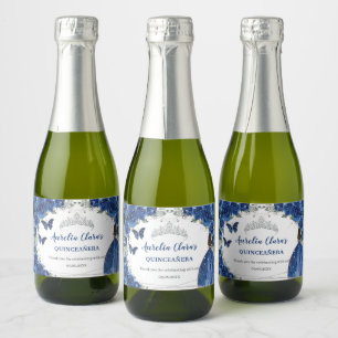 Zilver Royal Blauw Bloemig Quinceañera Verjaardag Sparkling Wijnetiket