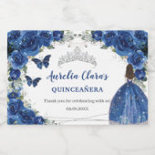 Zilver Royal Blauw Bloemige Quinceañera Verjaarda Sparkling Wijnetiket (Enkel label)