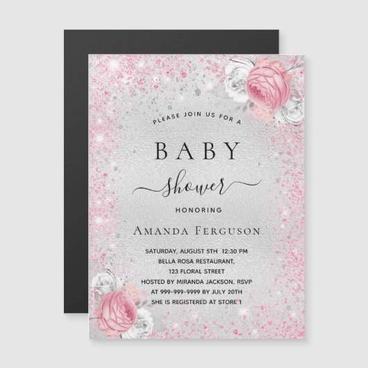 Zilver roze bloemen baby shower uitnodiging magnee (Voorkant / Achterkant)