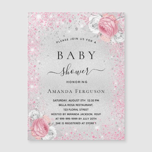 Zilver roze bloemen baby shower uitnodiging magnee (Voorkant)
