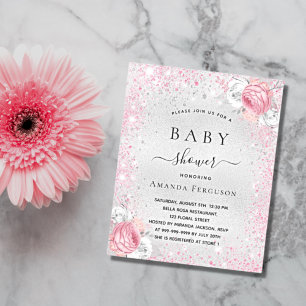 Zilver roze bloemen baby shower uitnodiging magnee