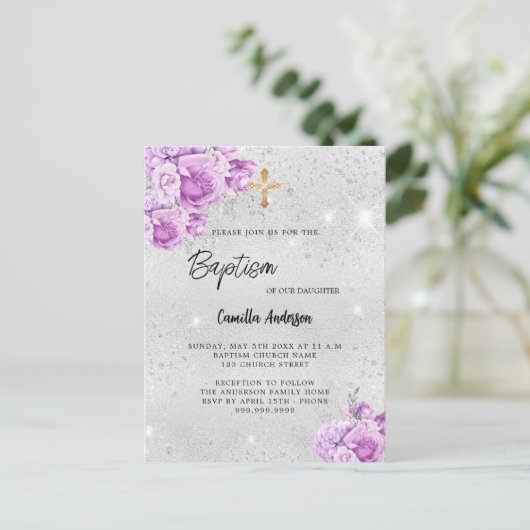 Zilver roze bloemen meisje Doop Uitnodiging Briefkaart (Staand voorkant)