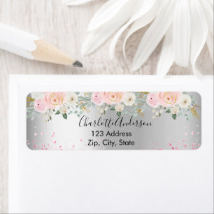 Zilver roze bloemen retouradreslabel etiket
