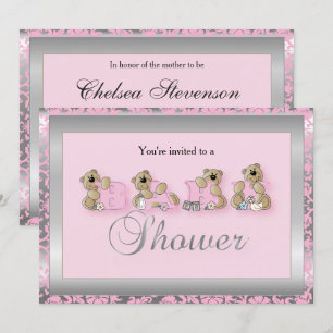 Zilver & Roze Damast Teddy Bears Baby Shower Kaart