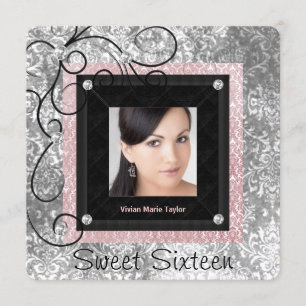 Zilver Roze en Zwart Damask Sweet 16 Kaart