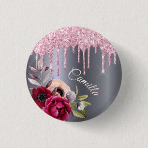Zilver roze glitter drip florale naamtag ronde button 3,2 cm