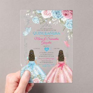 Zilver Roze & Pastel Blauwe Vlinder Quinceañera Acryl Uitnodigingen