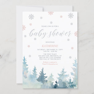 Zilver & Roze Sneeuwvlok Winterbos Baby shower Kaart