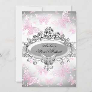 Zilver & Roze Vlinder Sweet Sixteen Uitnodiging