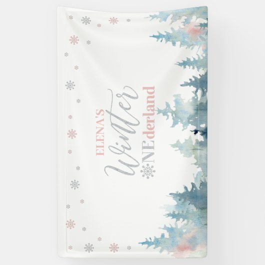 Zilver & Roze Winter Onederland 1e verjaardag Spandoek (Verticaal)