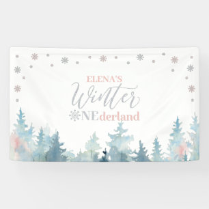 Zilver & Roze Winter Onederland 1e Verjaardagsfees Spandoek