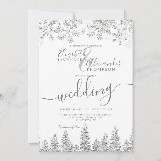 Zilver sneeuw witte kerstwinter bruiloft kaart (Voorkant)