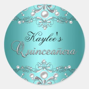 Zilver & Teal Damast Parel Quinceanera Sticker
