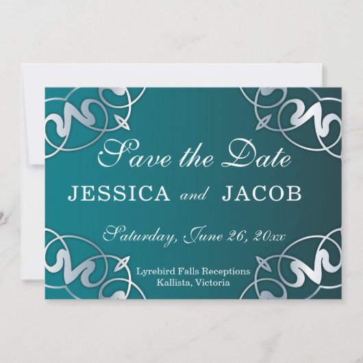 Zilver & Teal Filigraat Uitgesneden Luxe Lijst Bru Save The Date (Voorkant)