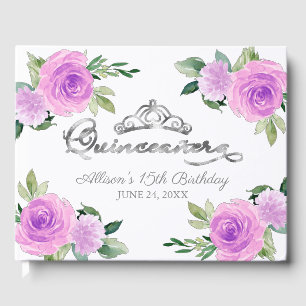 Zilver Tiara Licht Paarse Bloemen Quinceanera Gastenboek