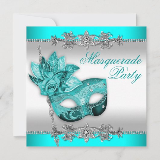 Zilver Turquoise Blauw Masquerade Party Kaart (Voorkant)