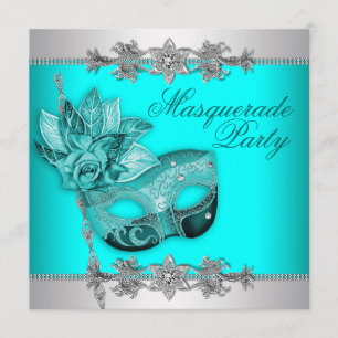 Zilver Turquoise Blauwe Maskerade Feest Uitnodigin Kaart