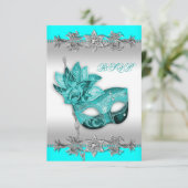 Zilver Turquoise Blue Masquerade Party RSVP (Staand voorkant)