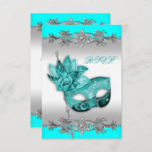 Zilver Turquoise Blue Masquerade Party RSVP (Voorkant / Achterkant)