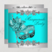 Zilver Turquoise Blue Masquerade Party Uitnodiging (Voorkant / Achterkant)