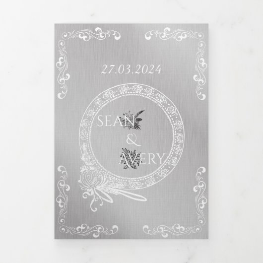 zilver & wit siergrens bruiloft drieluik aankondiging (Cover)