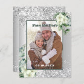 Zilver witte bloemenfoto Save the Date-huwelijk (Voorkant / Achterkant)