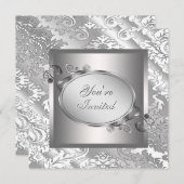 Zilver Witte Damast Feest Kaart (Voorkant / Achterkant)