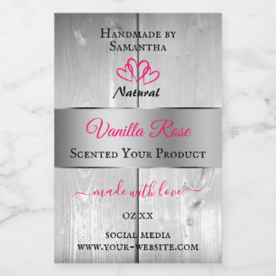 Zilver Witte Houtnerf Productlabels Roze Harten Voedselcontainer Etiket