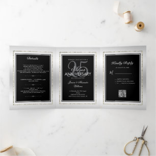 Zilver & Zwart 25e Huwelijksjubileum QR-code Drieluik Aankondiging